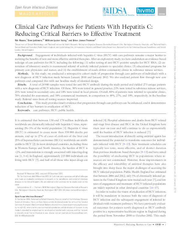 Clinical care pathways for patients with hepatitis C: reducing critical barriers to effective treatment. Thumbnail