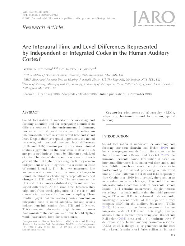 Are Interaural Time and Level Differences Represented by Independent or Integrated Codes in the Human Auditory Cortex? Thumbnail