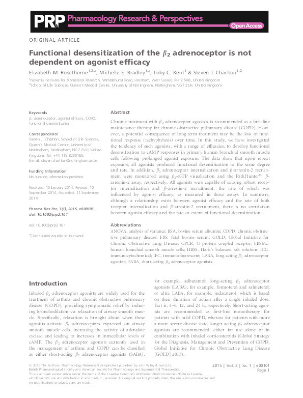 Functional desensitization of the ? 2 adrenoceptor is not dependent on agonist efficacy Thumbnail