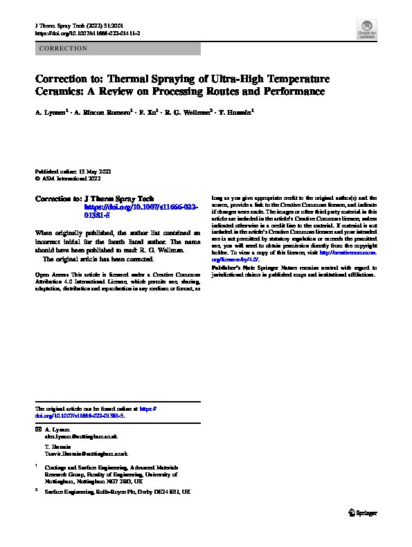 Correction to: Thermal Spraying of Ultra-High Temperature Ceramics: A Review on Processing Routes and Performance Thumbnail