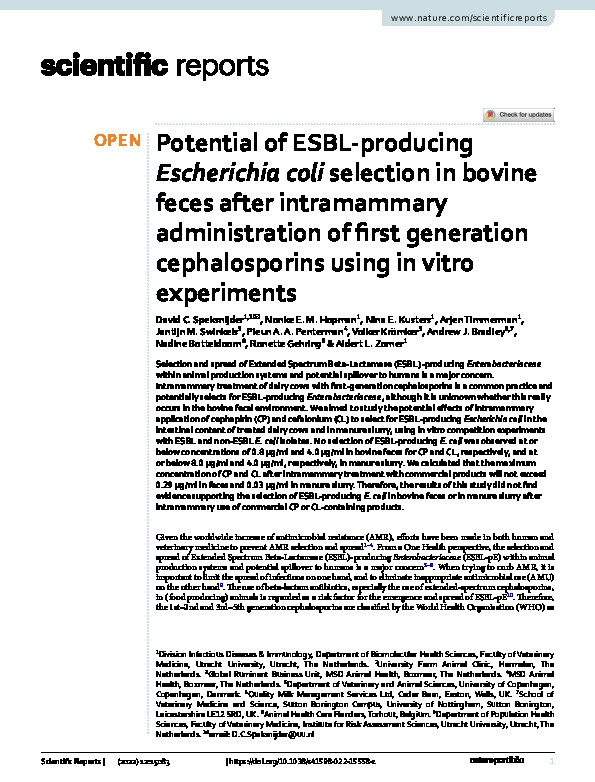 Potential of ESBL-producing Escherichia coli selection in bovine feces after intramammary administration of first generation cephalosporins using in vitro experiments Thumbnail