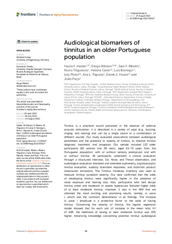 Audiological biomarkers of tinnitus in an older Portuguese population Thumbnail