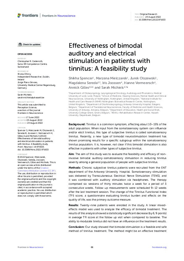 Effectiveness of bimodal auditory and electrical stimulation in patients with tinnitus: A feasibility study Thumbnail
