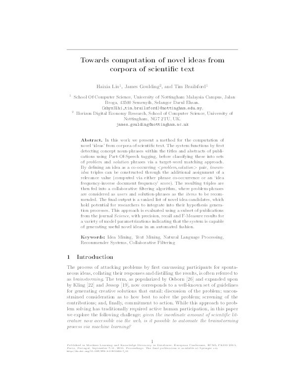 Towards computation of novel ideas from corpora of scientific text Thumbnail