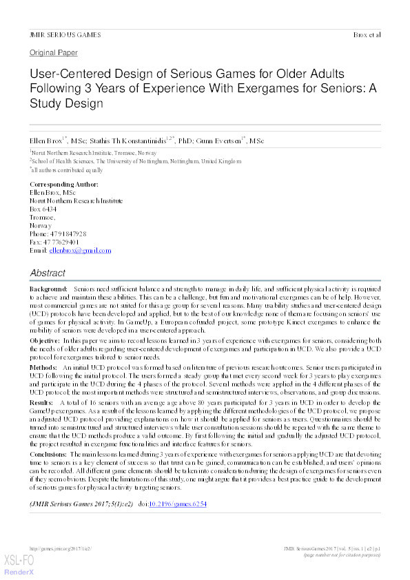 User-Centered Design of Serious Games for Older Adults Following 3 Years of Experience With Exergames for Seniors: A Study Design Thumbnail