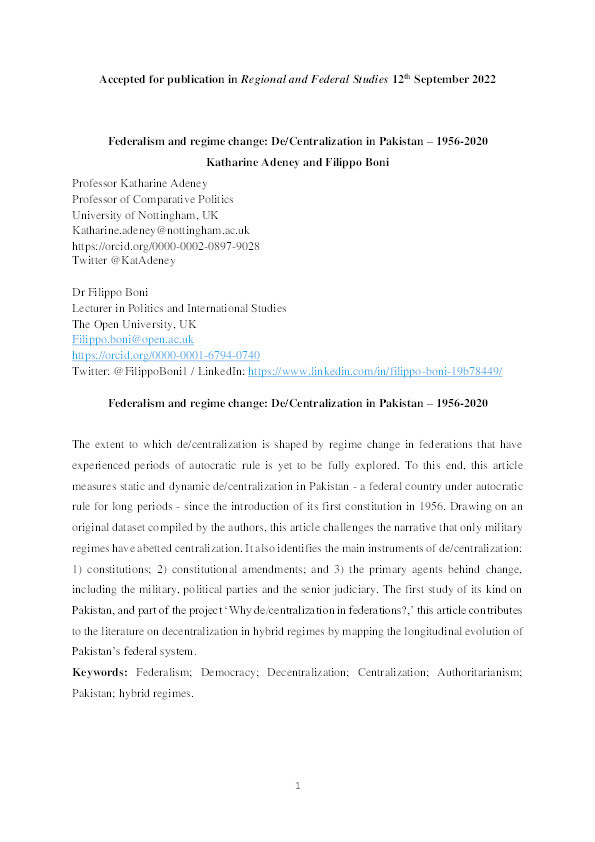 Federalism and regime change: De/centralization in Pakistan – 1956–2020 Thumbnail