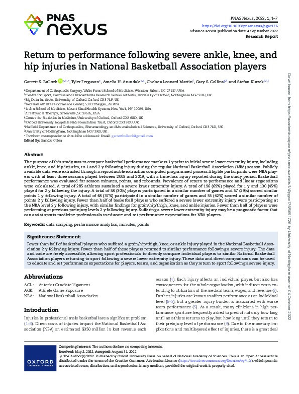 Return to performance following severe ankle, knee, and hip injuries in National Basketball Association players Thumbnail