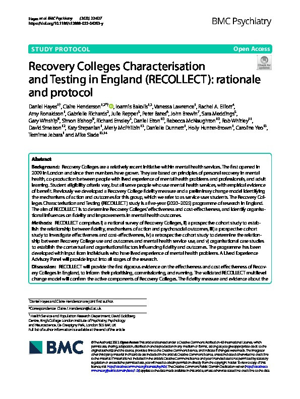 Recovery Colleges Characterisation and Testing in England (RECOLLECT): rationale and protocol Thumbnail
