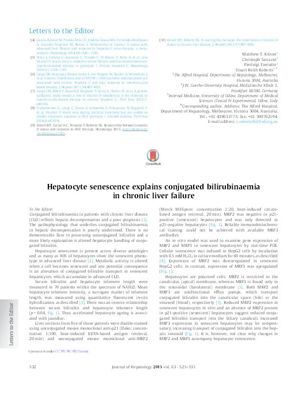 Hepatocyte senescence explains conjugated bilirubinaemia in chronic liver failure. Thumbnail