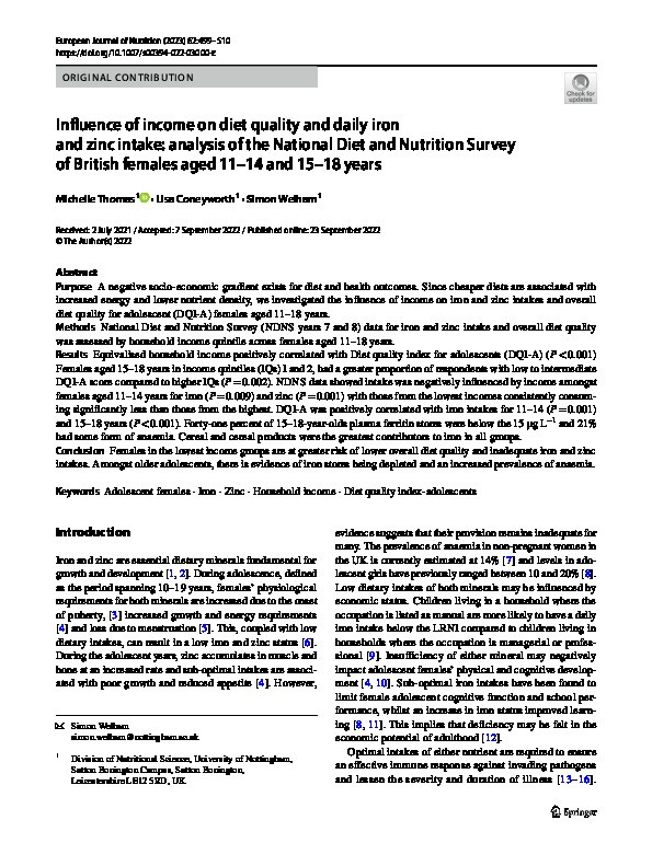 Influence of income on diet quality and daily iron and zinc intake: Analysis of the National Diet and Nutrition Survey of British females aged 11-14 and 15-18 years Thumbnail