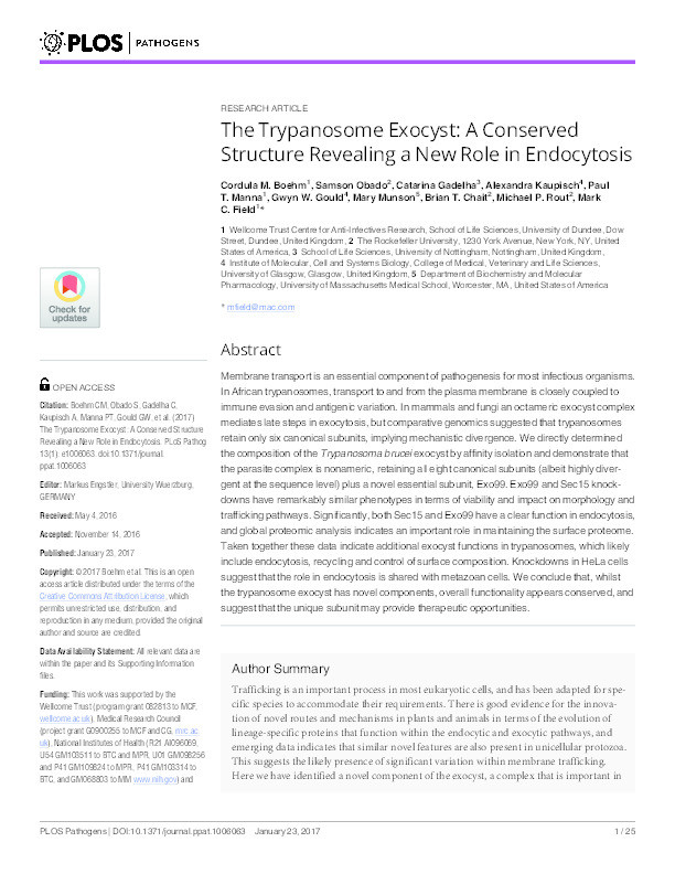 The Trypanosome Exocyst: A Conserved Structure Revealing a New Role in Endocytosis Thumbnail