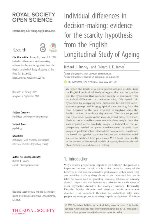 Individual differences in decision-making: evidence for the scarcity hypothesis from the English Longitudinal Study of Ageing Thumbnail