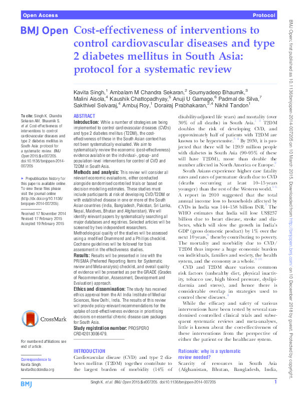 Cost-effectiveness of interventions to control cardiovascular diseases and type 2 diabetes mellitus in South Asia: protocol for a systematic review Thumbnail