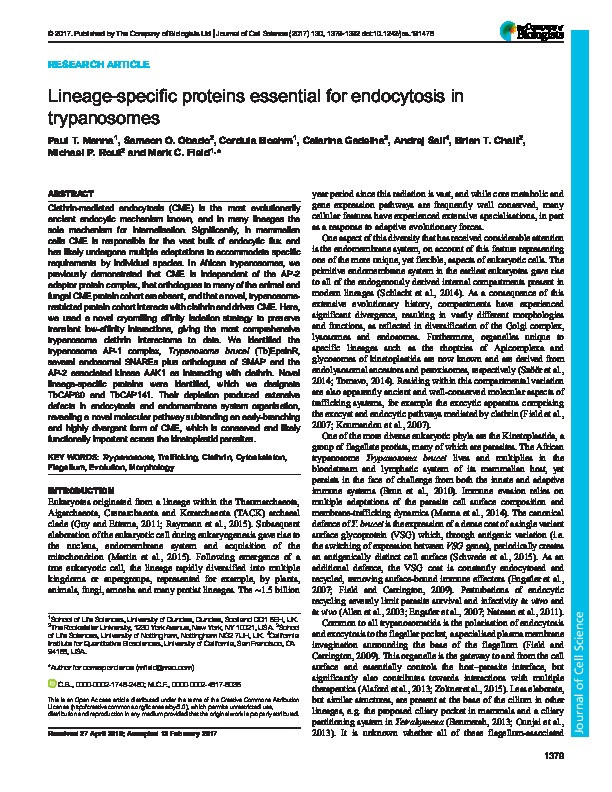 Lineage-specific proteins essential for endocytosis in trypanosomes Thumbnail