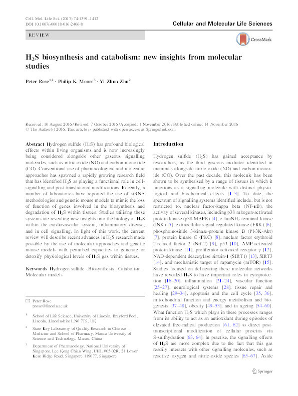 H2S biosynthesis and catabolism: new insights from molecular studies Thumbnail