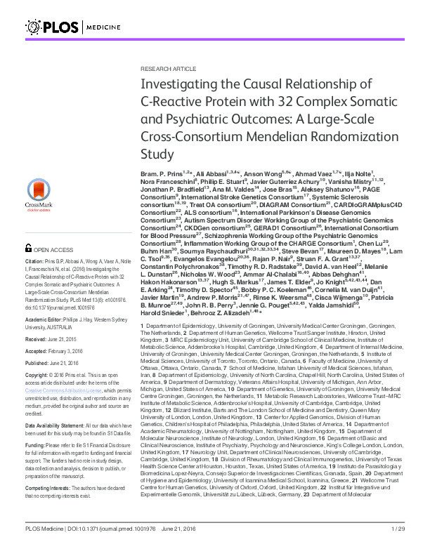 Investigating the Causal Relationship of C-Reactive Protein with 32 Complex Somatic and Psychiatric Outcomes: A Large-Scale Cross-Consortium Mendelian Randomization Study Thumbnail