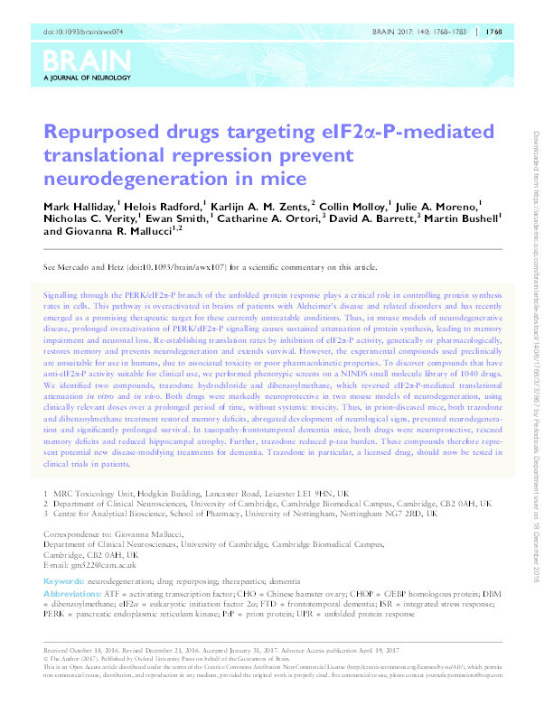 Repurposed drugs targeting eIF2α-P-mediated translational repression prevent neurodegeneration in mice Thumbnail