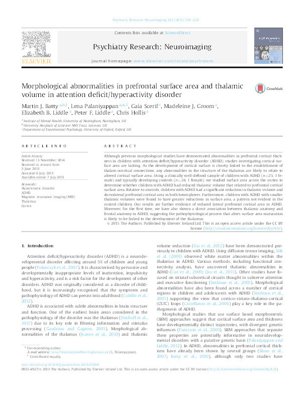 Morphological abnormalities in prefrontal surface area and thalamic volume in attention deficit/hyperactivity disorder Thumbnail