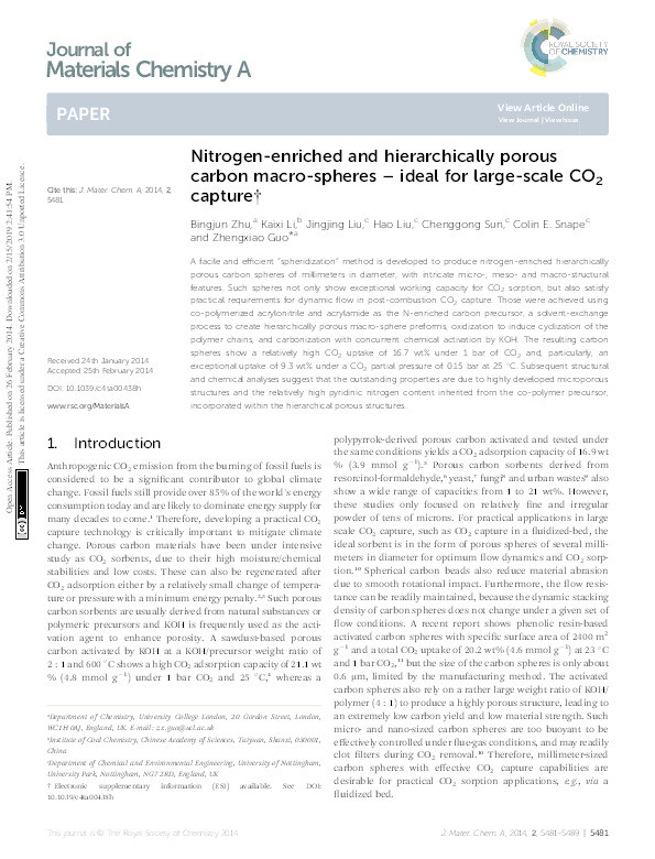 Nitrogen-enriched and hierarchically porous carbon macro-spheres-ideal for large-scale CO2 capture Thumbnail