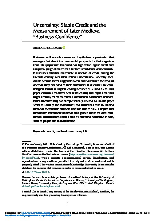 Uncertainty: Staple Credit and the Measurement of Later Medieval “Business Confidence” Thumbnail