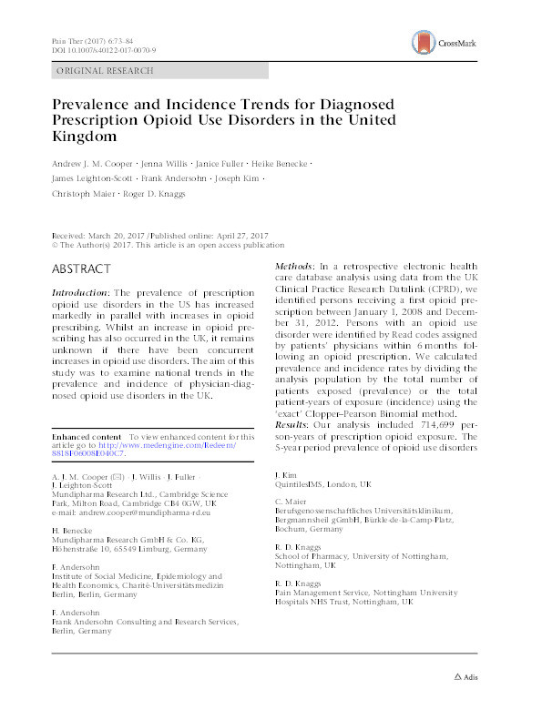 Prevalence and Incidence Trends for Diagnosed Prescription Opioid Use Disorders in the United Kingdom Thumbnail