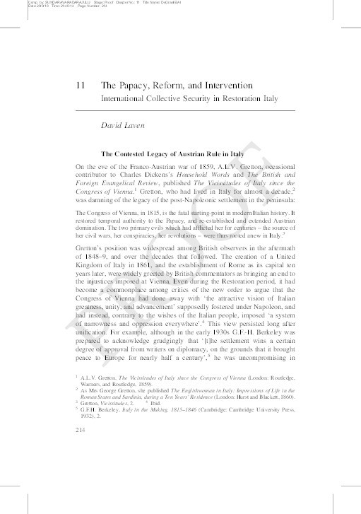 The Papacy, Reform and Intervention: International Collective Security in Restoration Italy Thumbnail
