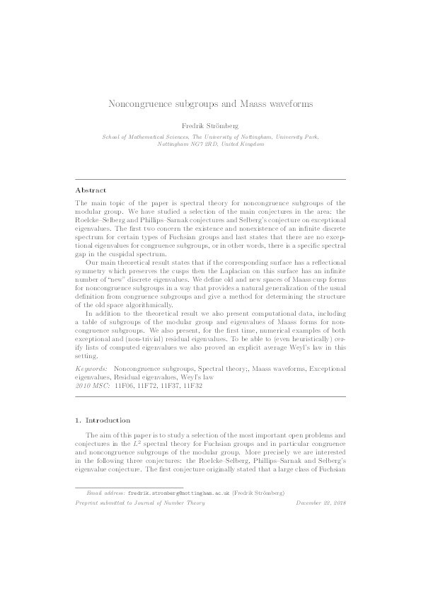 Noncongruence subgroups and Maass waveforms Thumbnail