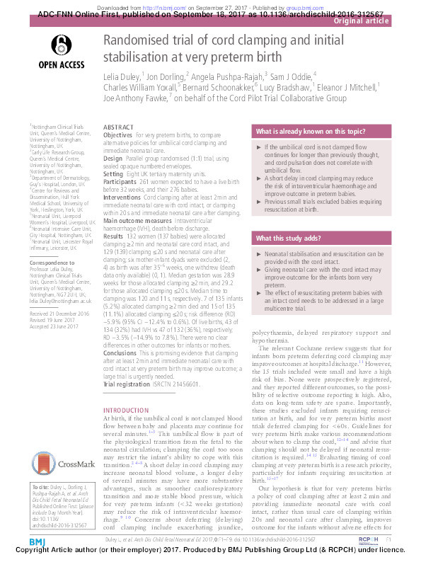 Randomised trial of cord clamping and initial stabilisation at very preterm birth Thumbnail