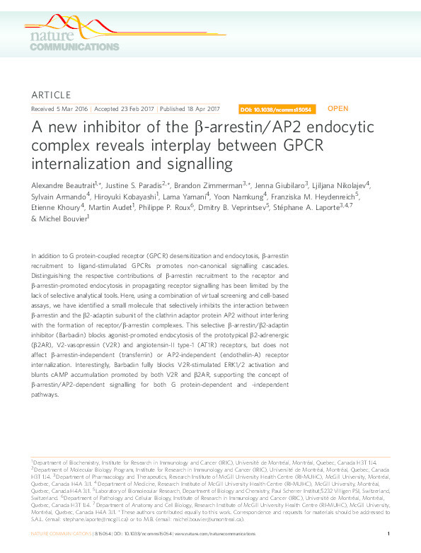 A new inhibitor of the ?-arrestin/AP2 endocytic complex reveals interplay between GPCR internalization and signalling. Thumbnail