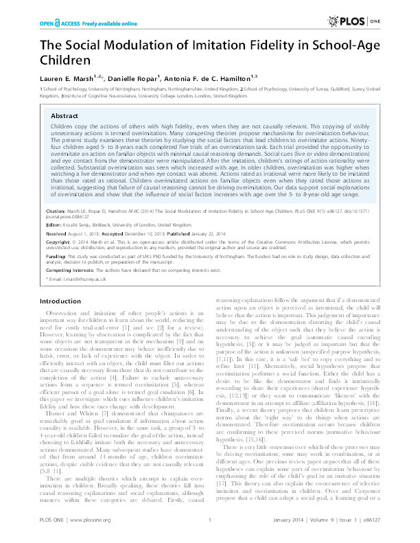 The social modulation of imitation fidelity in school-age children Thumbnail