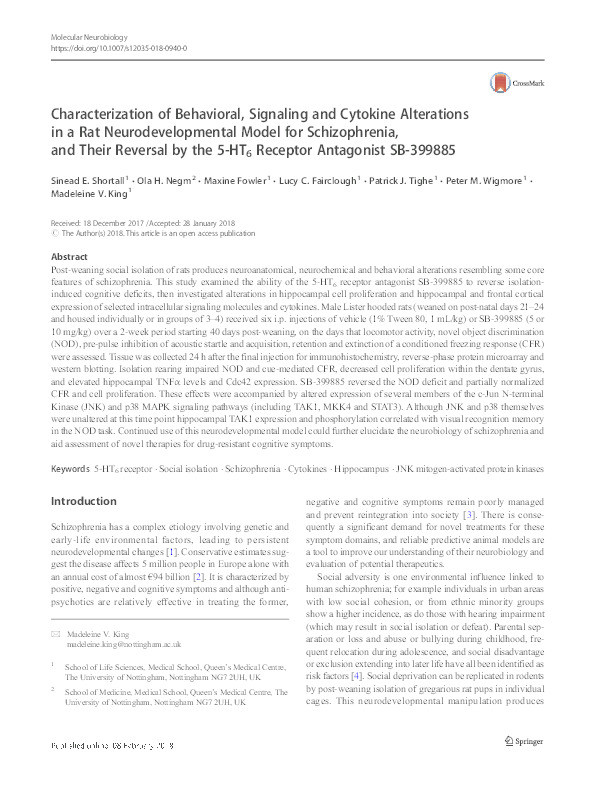 Characterization of behavioral, signaling and cytokine alterations in a rat neurodevelopmental model for schizophrenia, and their reversal by the 5-HT6 receptor antagonist SB-399885 Thumbnail