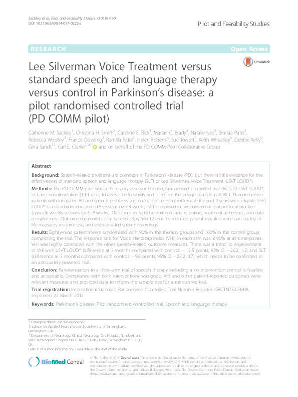 Lee Silverman Voice Treatment versus standard speech and language therapy versus control in Parkinson’s disease: a pilot randomised controlled trial (PD COMM pilot) Thumbnail