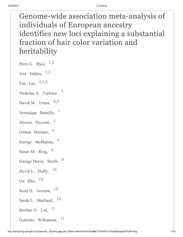 Genome-wide association meta-analysis of individuals of European ancestry identifies new loci explaining a substantial fraction of hair color variation and heritability Thumbnail