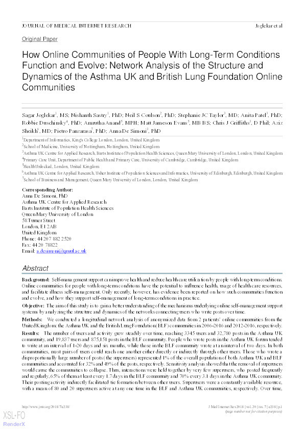 How Online Communities of People With Long-Term Conditions Function and Evolve: Network Analysis of the Structure and Dynamics of the Asthma UK and British Lung Foundation Online Communities Thumbnail