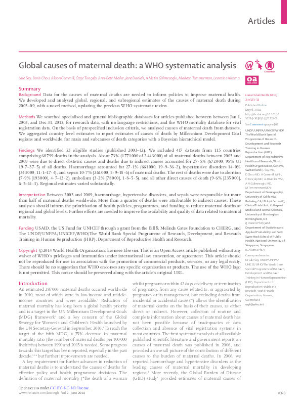 Global causes of maternal death: a WHO systematic analysis Thumbnail