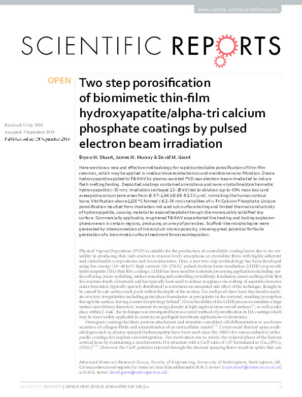 Two step porosification of biomimetic thin-film hydroxyapatite/alpha-tri calcium phosphate coatings by pulsed electron beam irradation Thumbnail
