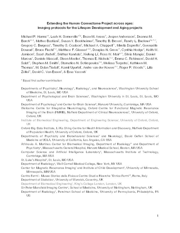 Extending the Human Connectome Project across ages: imaging protocols for the Lifespan Development and Aging projects Thumbnail