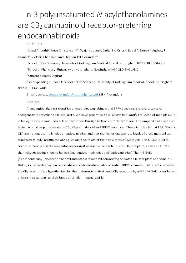 n−3 polyunsaturated N-acylethanolamines are CB2 cannabinoid receptor-preferring endocannabinoids Thumbnail