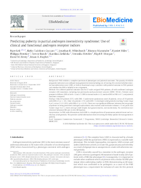 Predicting puberty in partial androgen insensitivity syndrome: use of clinical and functional androgen receptor indices Thumbnail