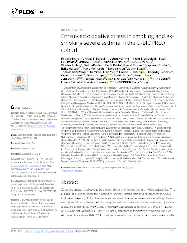Enhanced oxidative stress in smoking and ex-smoking severe asthma in the U-BIOPRED cohort Thumbnail