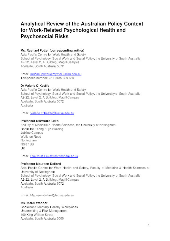 Analytical review of the Australian policy context for work-related psychological health and psychosocial risks Thumbnail