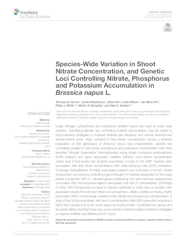 Species-wide variation in shoot nitrate concentration, and genetic loci controlling nitrate, phosphorous and potassium accumulation in Brassica napus L Thumbnail