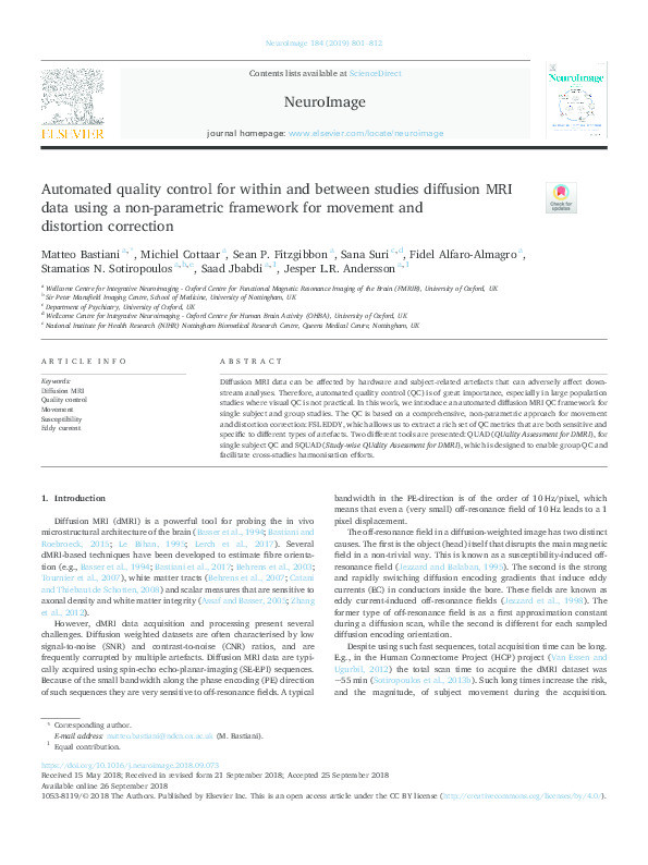 Automated quality control for within and between studies diffusion MRI data using a non-parametric framework for movement and distortion correction Thumbnail