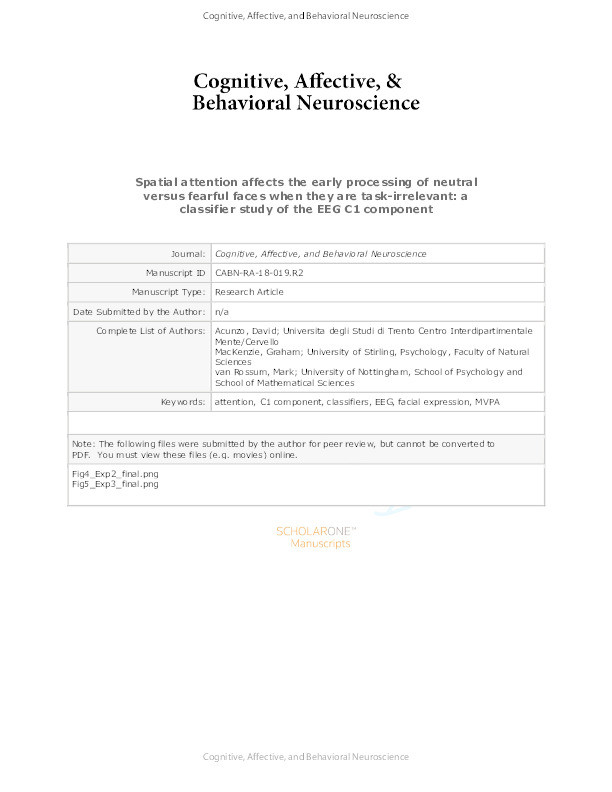 Spatial attention affects the early processing of neutral versus fearful faces when they are task-irrelevant: a classifier study of the EEG C1 component Thumbnail