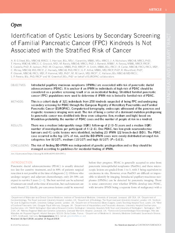 Identification of Cystic Lesions by Secondary Screening of Familial Pancreatic Cancer (FPC) Kindreds Is Not Associated with the Stratified Risk of Cancer Thumbnail