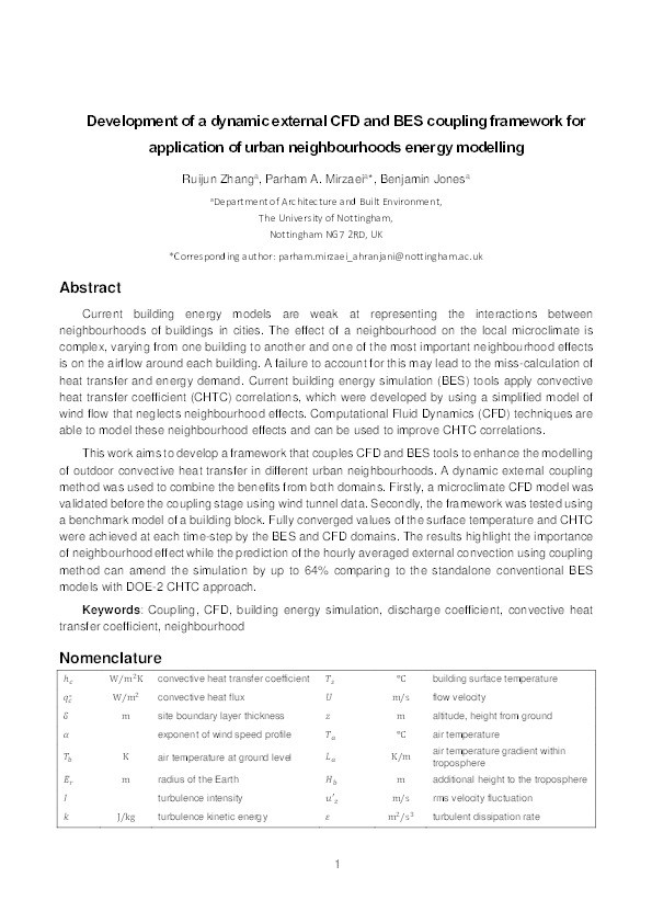 Development of a dynamic external CFD and BES coupling framework for application of urban neighbourhoods energy modelling Thumbnail