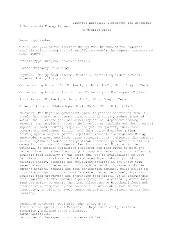 Analysis of the inherent energy-food dilemma of the Nigerian Biofuels Policy using Partial Equilibrium Model: the Nigerian Energy-Food Model (NEFM) Thumbnail