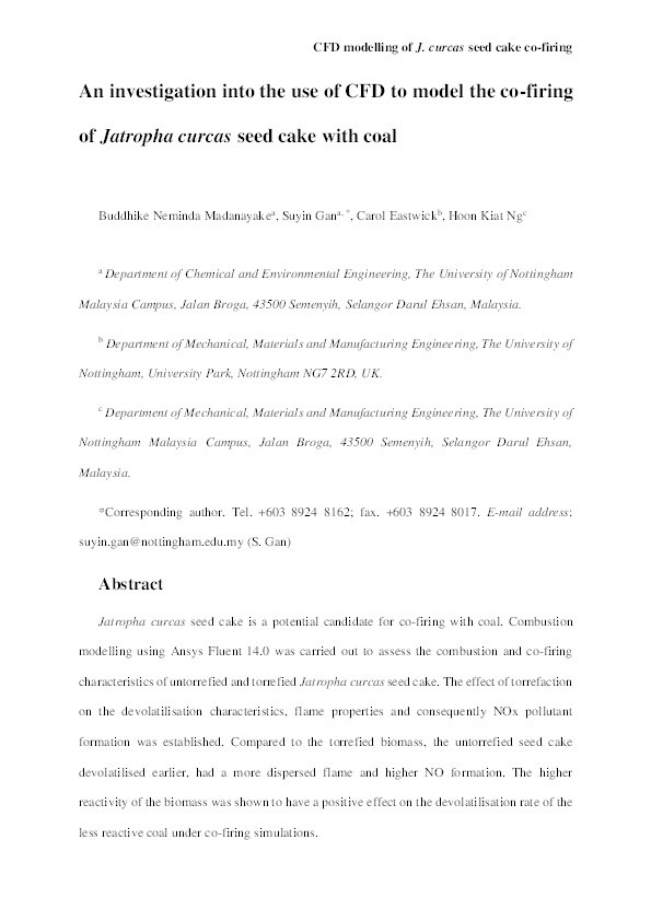 An investigation into the use of CFD to model the co-firing of Jatropha curcas seed cake with coal Thumbnail