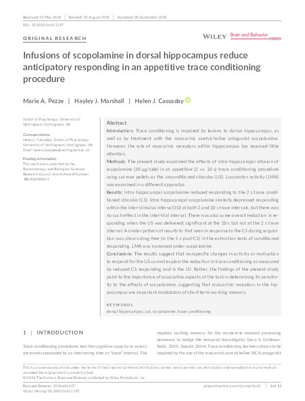 Infusions of scopolamine in dorsal hippocampus reduce anticipatory responding in an appetitive trace conditioning procedure Thumbnail