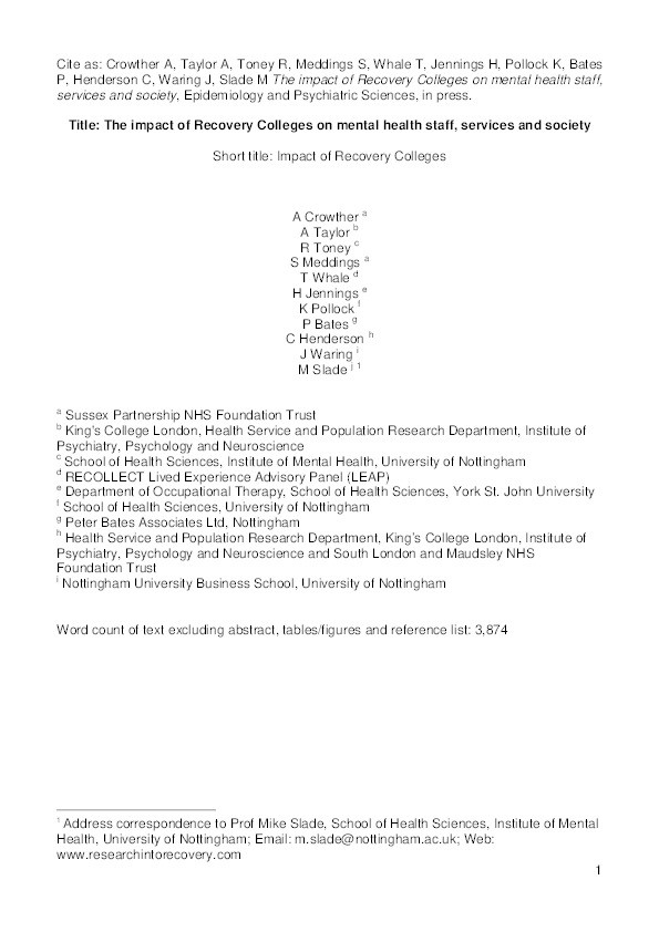 The impact of Recovery Colleges on mental health staff, services and society Thumbnail